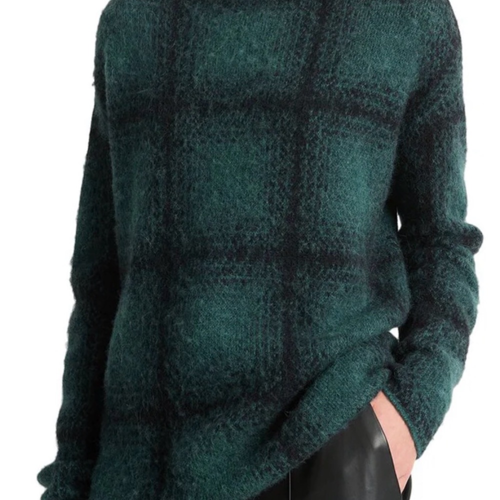 VINCE Shadow Plaid Funnel Neck Alpaca Wool Blend Sweater